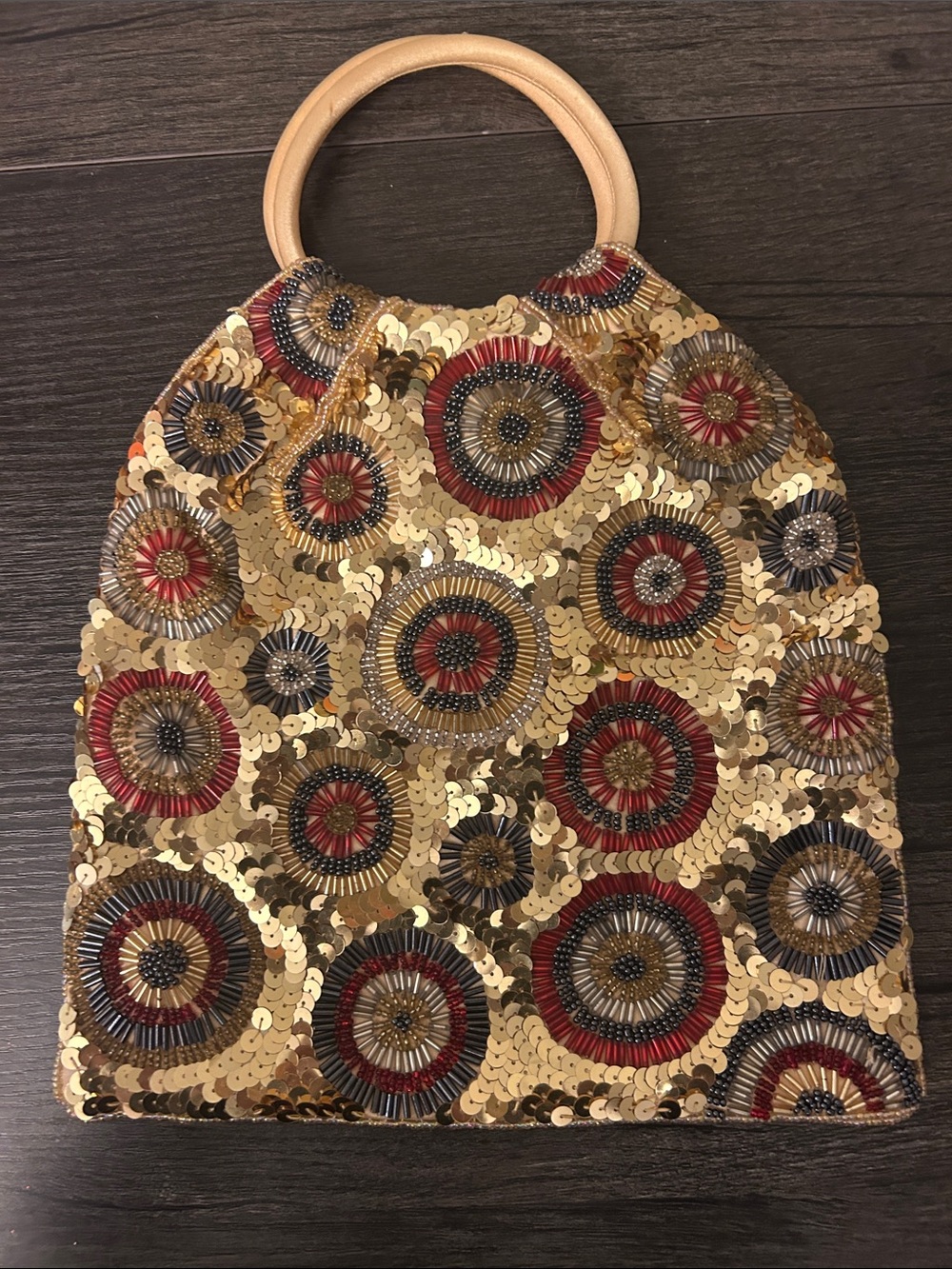 Vintage Gold Sequin Satchel with Red and Navy Medallions
